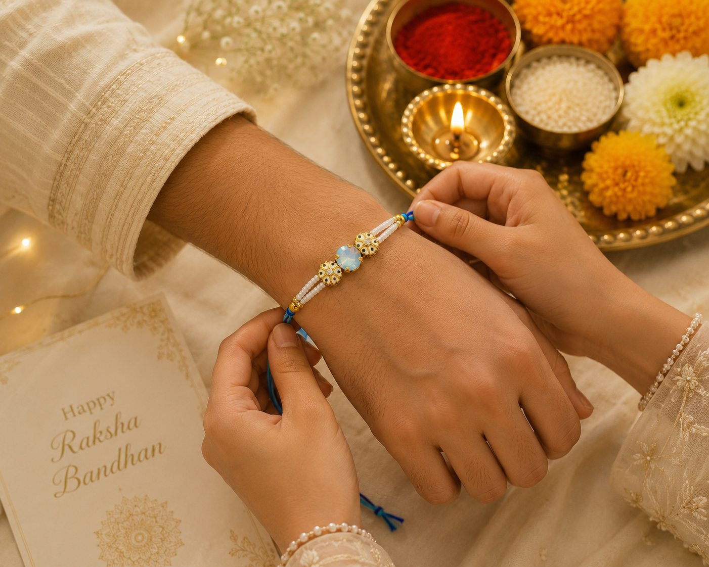 Blue Crystal Designer Rakhi – Pearl Beaded Raksha Bandhan Thread