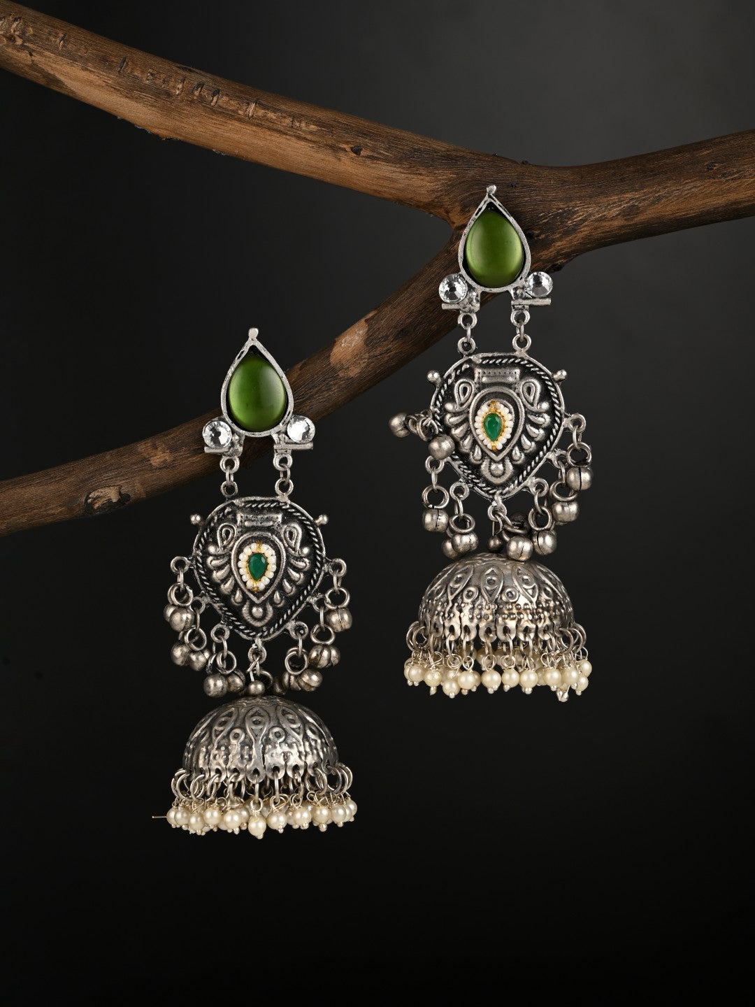 Silver oxydised lightweight long Jhumka Earring - Green