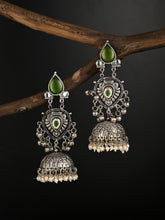 Silver oxydised lightweight long Jhumka Earring - Green