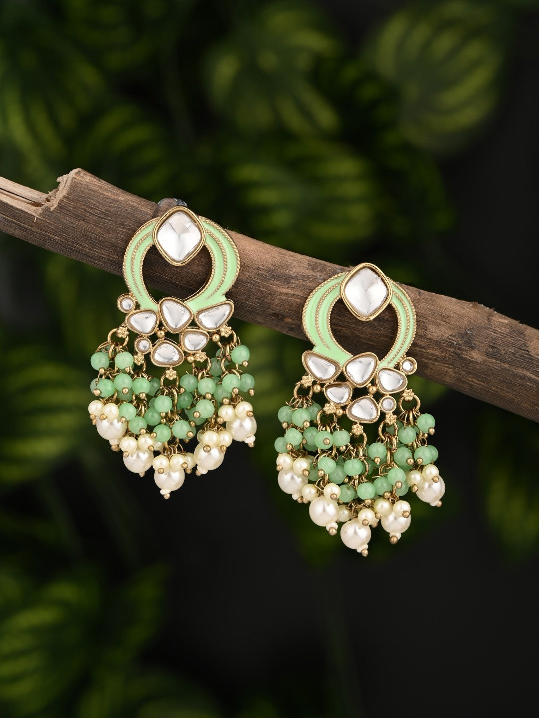 Gold-Plated Meenakari Stud Earrings with Kundan & Pearl Cluster drops - Sage green