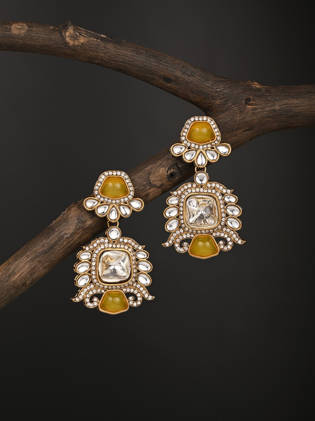 Gold plated kundan Drop Earrings Yellow