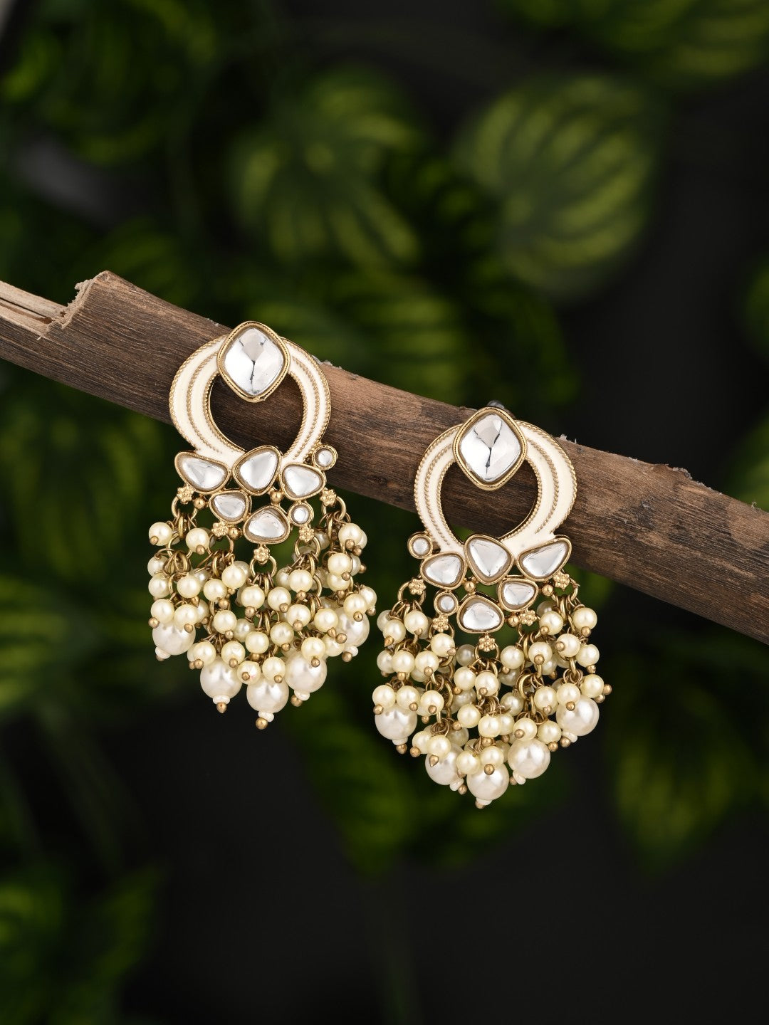 Gold-Plated Meenakari Stud Earrings with Kundan & Pearl Cluster drops - White