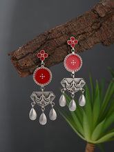 Silver Oxidised finish Red hand painted camel drop earring