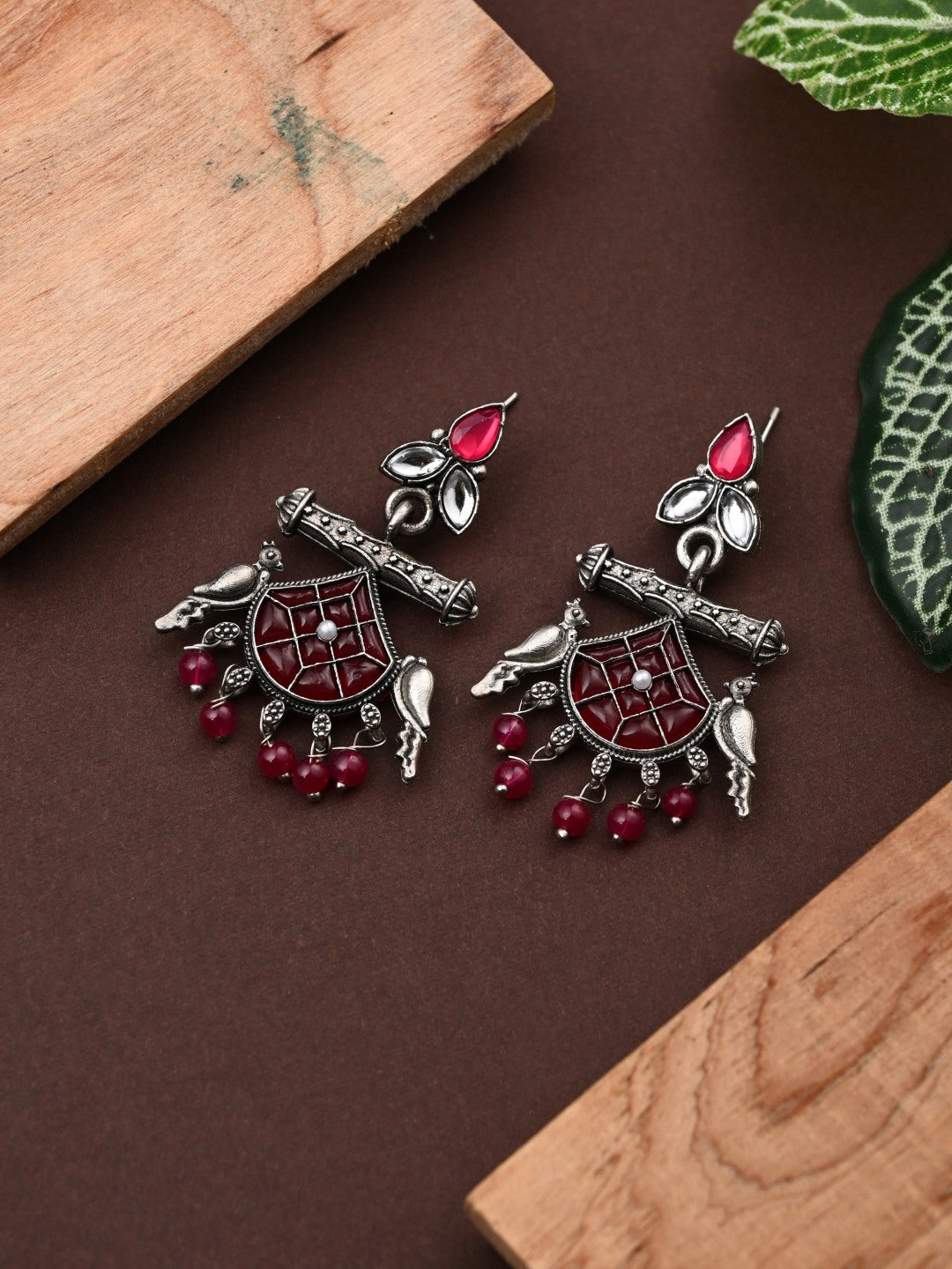 Silver plated bird drop earring - red