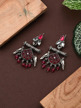 Silver plated bird drop earring - red