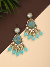 Gold plated two tone Geometric stone drop earring - Blue