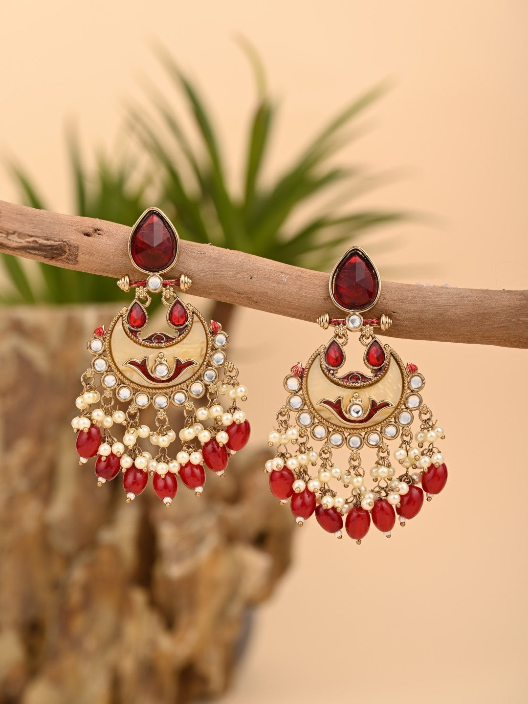 Gold-Plated Meenakari Chandbali Earrings with Kundan & Pearl Drops - Red