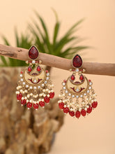 Gold-Plated Meenakari Chandbali Earrings with Kundan & Pearl Drops - Red