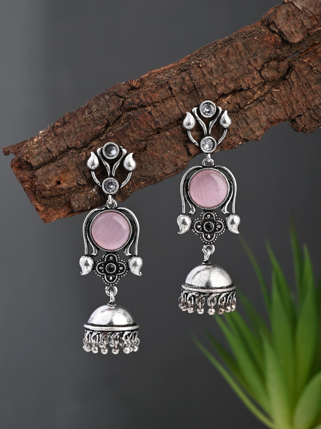 Silver oxydised lightweight long Jhumka Pink