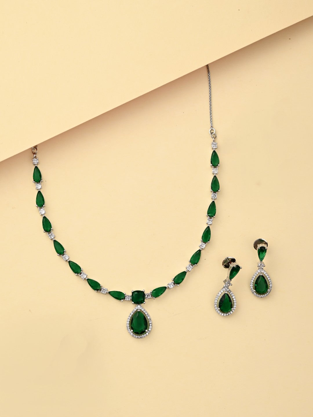 Silver-Tone Emerald Green Teardrop Necklace Set