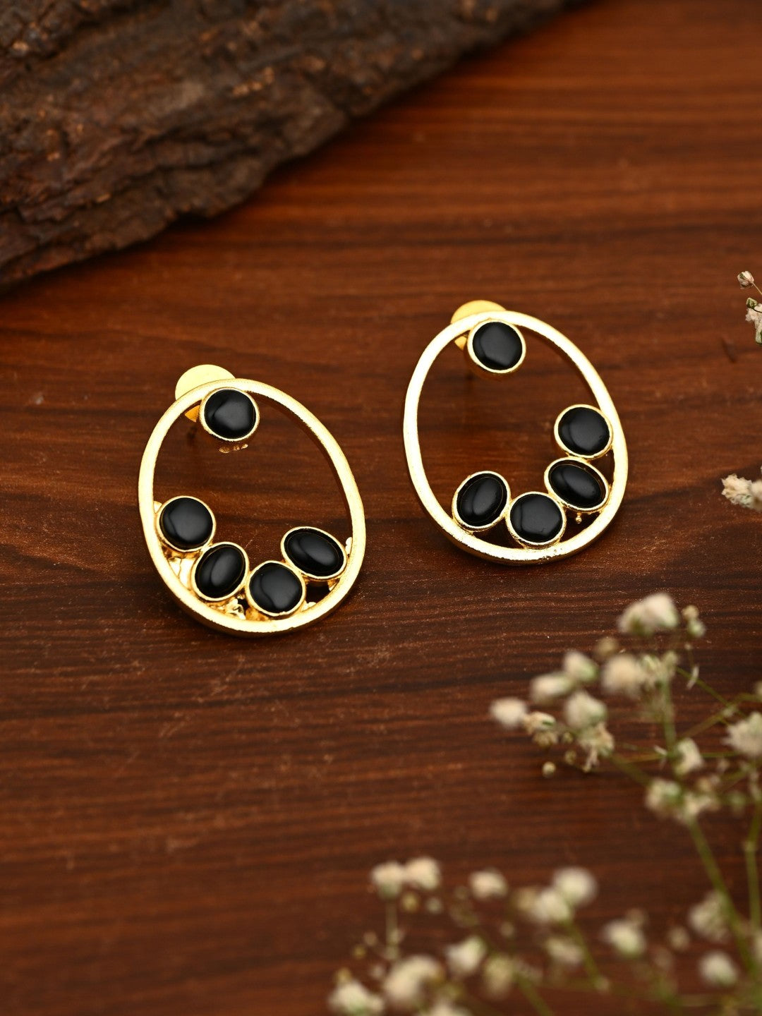 Black Stone Gold-Toned Oval Statement Earrings