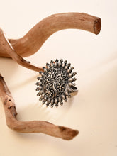 Antique Oxidised Silver Floral Statement Ring for Women (Adjustable)
