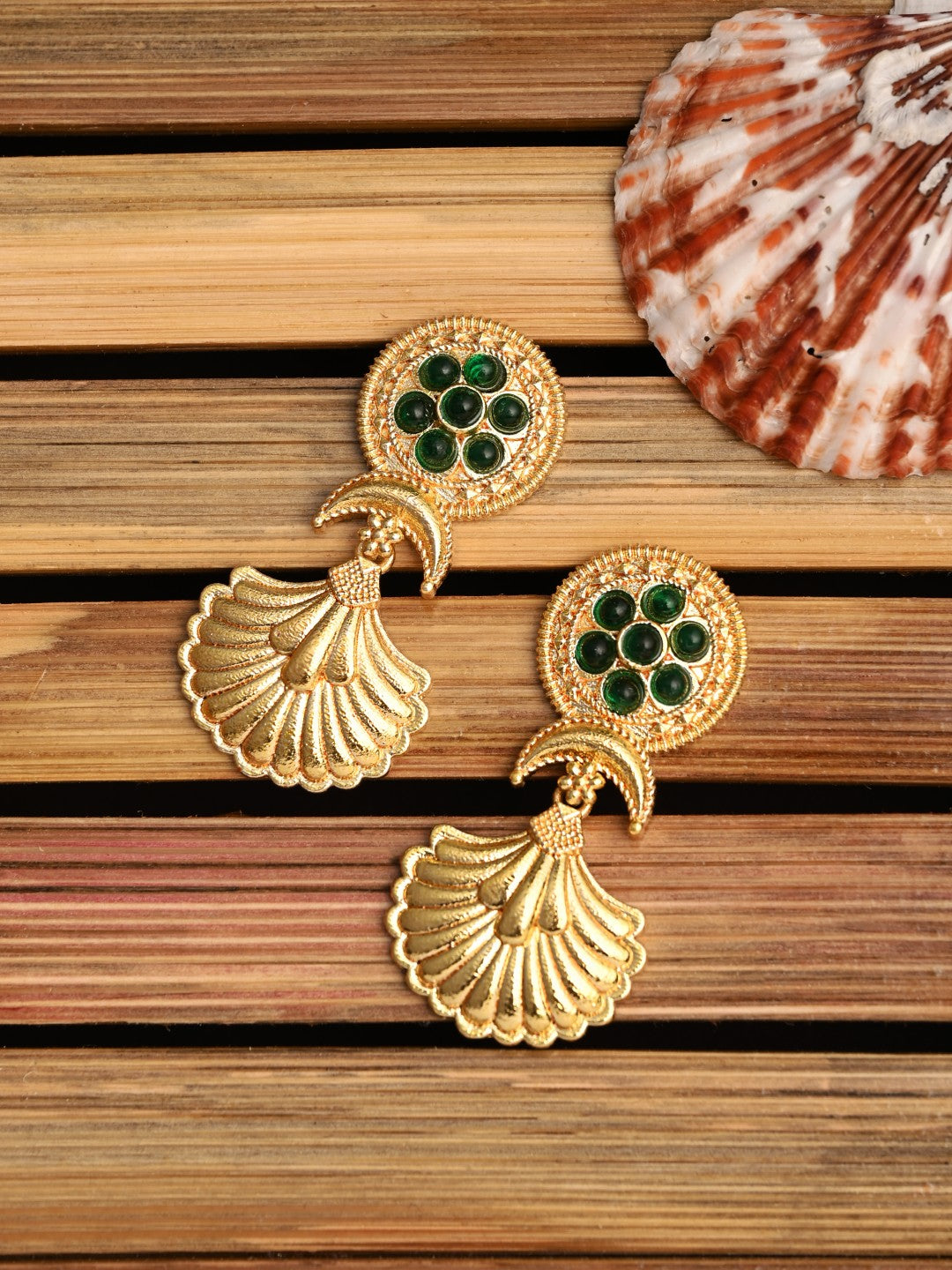 Gold-Plated Drop Earrings with Green AD Stone
