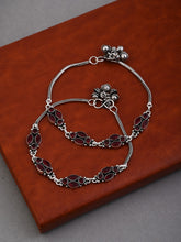 Silver Oxidised Red Floral Brass Anklet