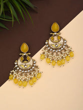 Gold-Plated Meenakari Chandbali Earrings with Kundan & Pearl Drops - Yellow