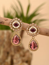 Gold plated Flower Stud with tear drop earring - Wine