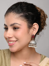 Elegant Silver Oxidised Red Stone Jhumka