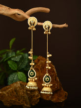 Gold plated Kshimiri long Jhumka Earrings Green
