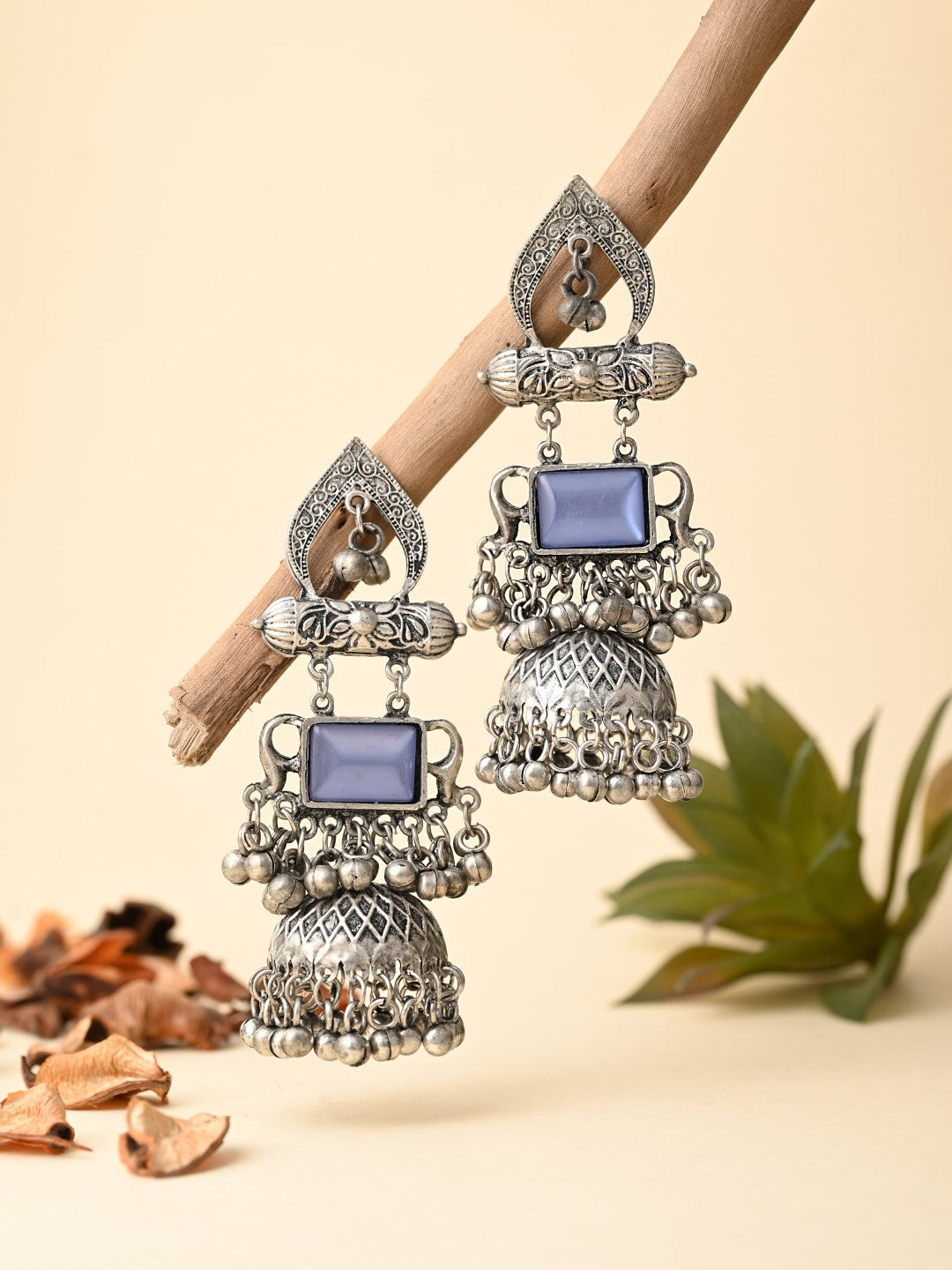 Silver oxydised lightweight long Jhumka with Blue Stone
