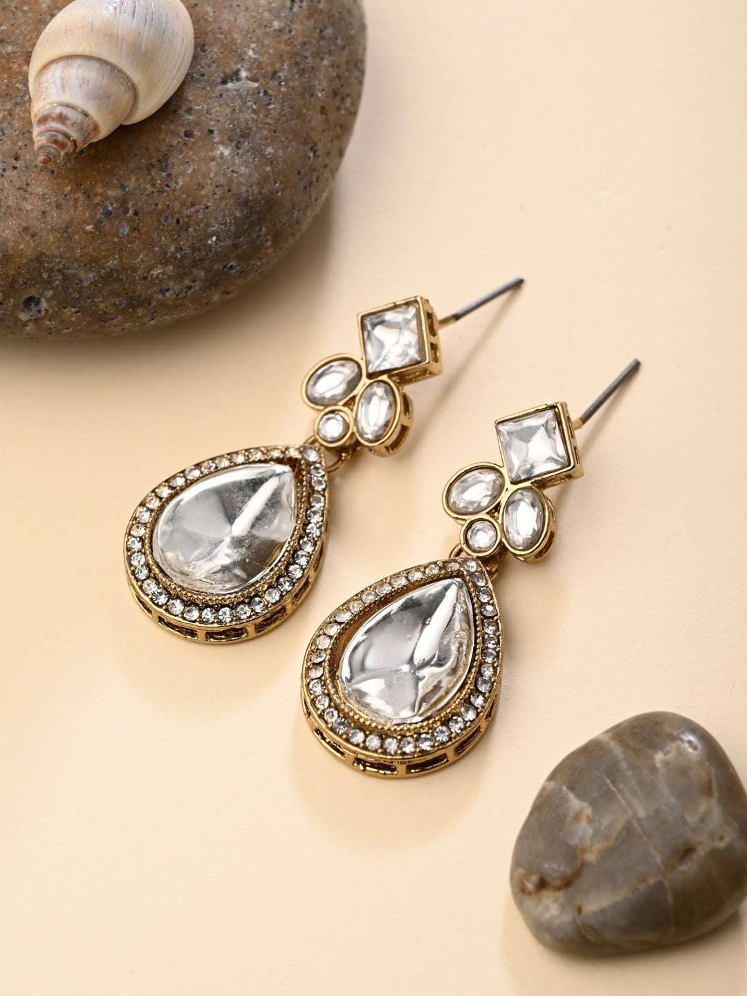 Gold-Toned Teardrop Kundan Crystal Drop Earrings for Women