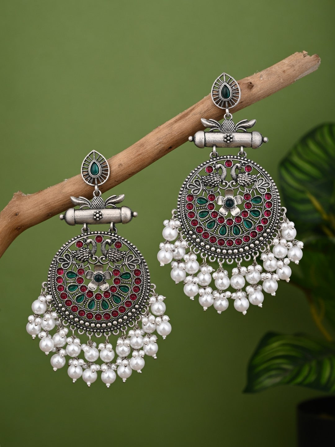 Oxidised Silver Meenakari Peacock Earrings Multi