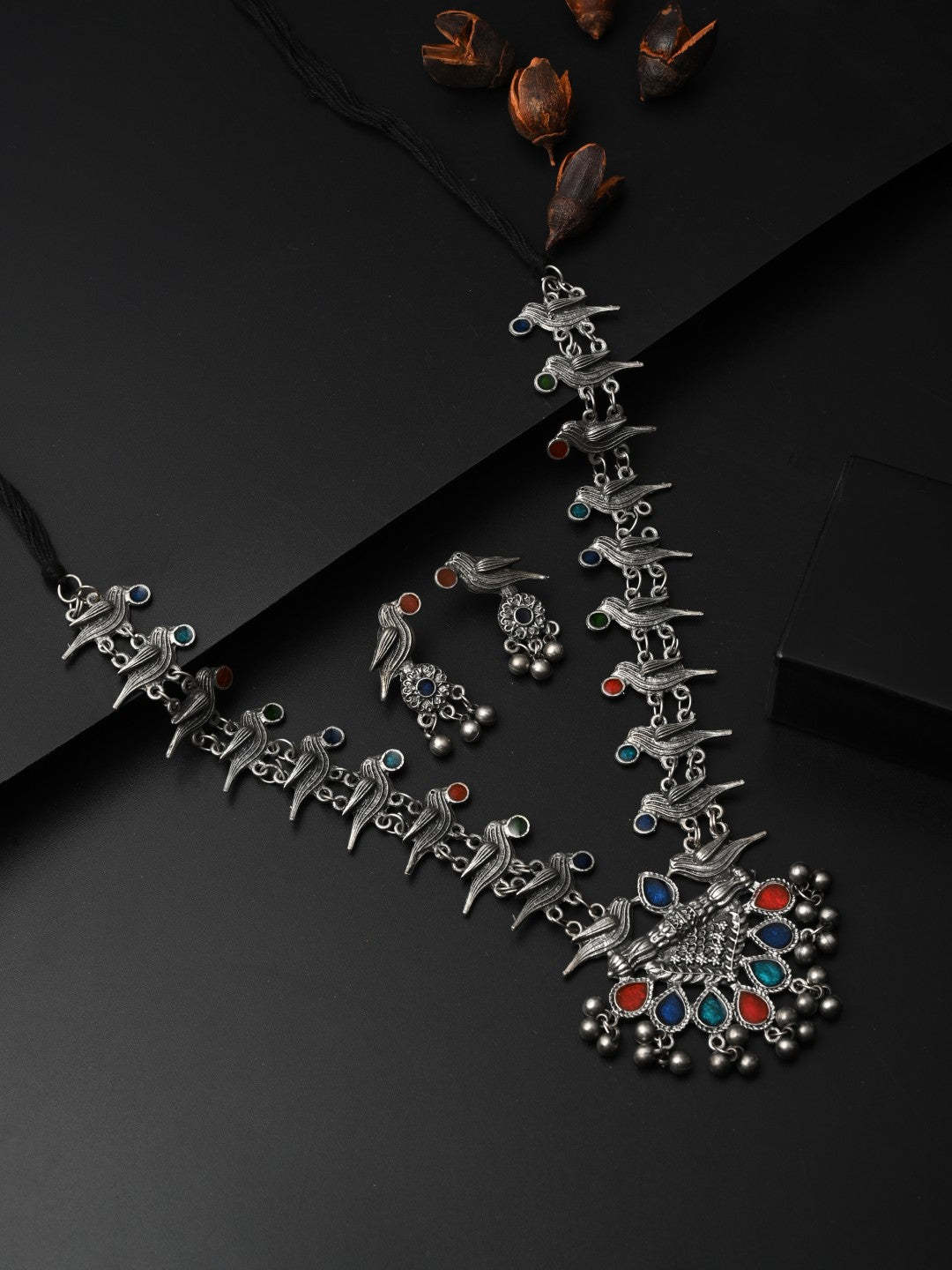 Silver Oxidised Finish Meenakari Jewellery Set