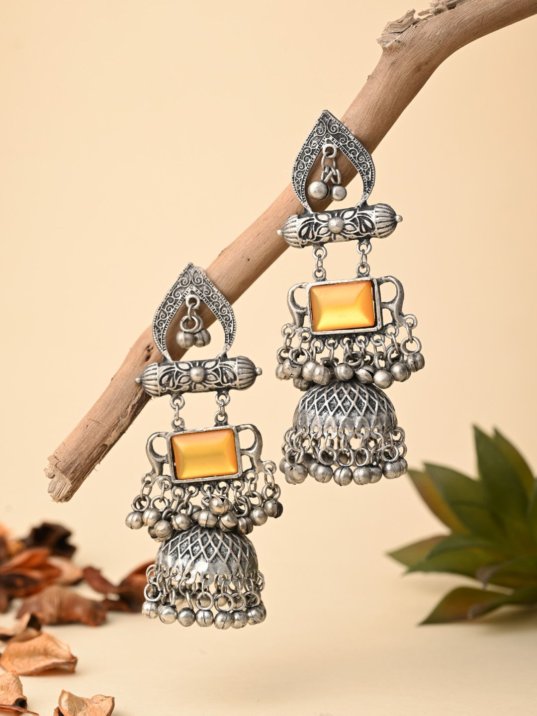Silver oxydised lightweight long Jhumka with Yellow Stone