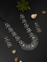 Silver Oxidised Finish Meenakari Necklace Set