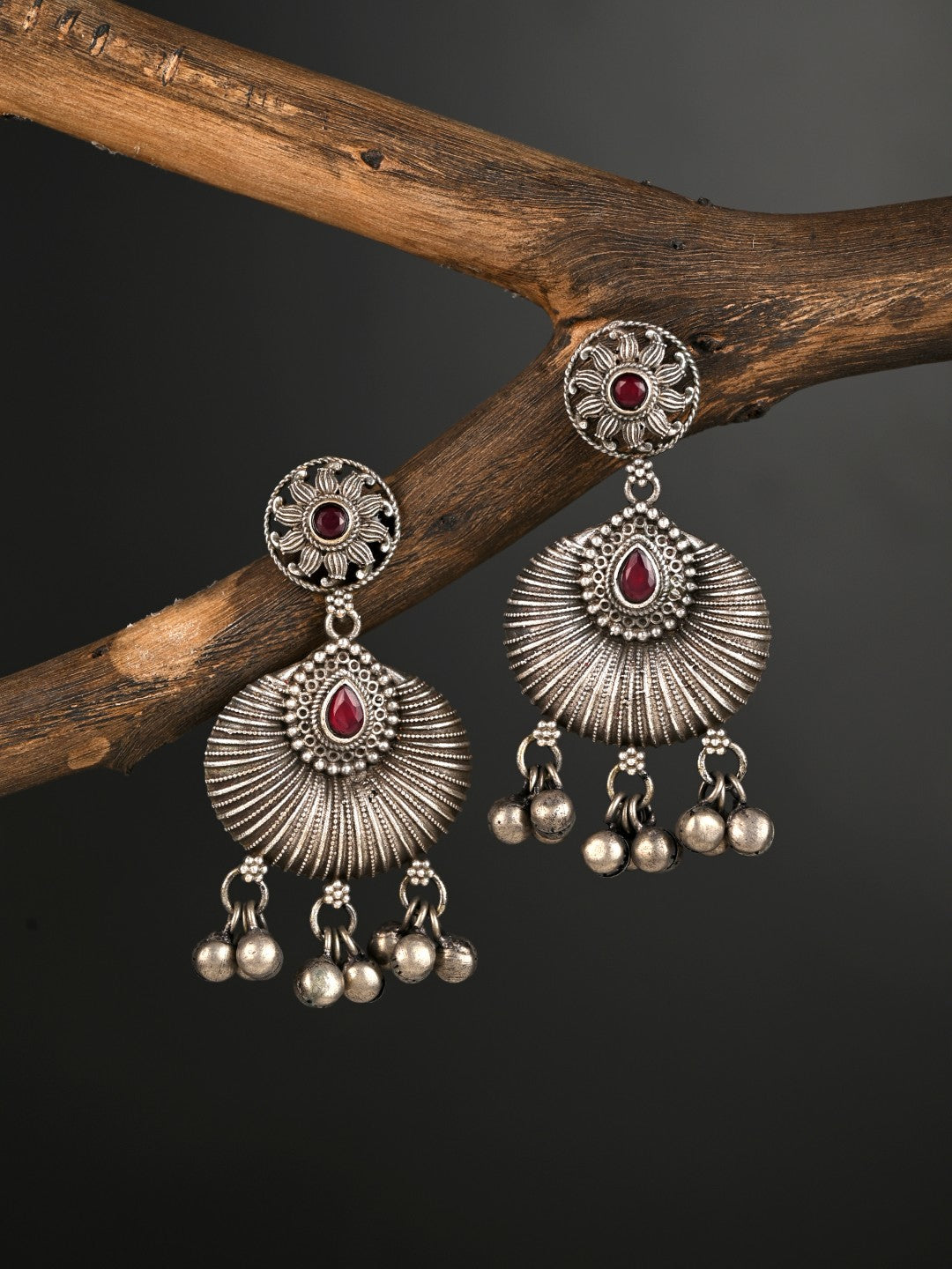 Silver oxidised finish chandbali Red