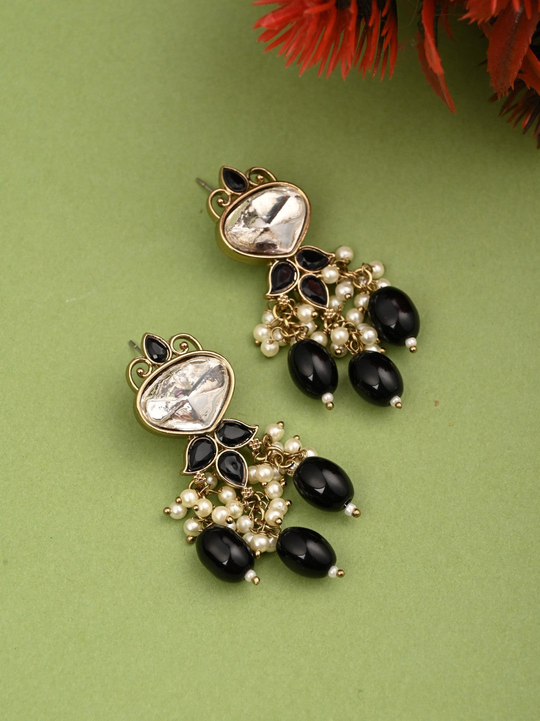 Gold plated Kundan & Pearl drop Earrings- Black
