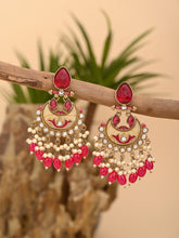 Gold-Plated Meenakari Stud Earrings with Kundan & Pearl Cluster drops - pink