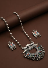 Silver Oxydised finish necklace set with colourful Meenakari