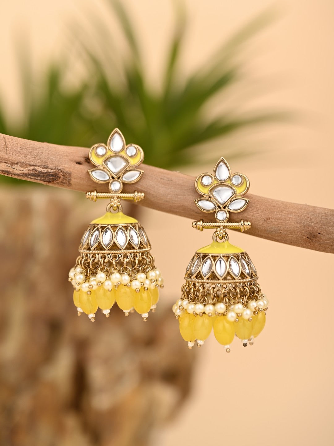Gold plated Kundan & Meenakari Jhumka Earrings - Yellow