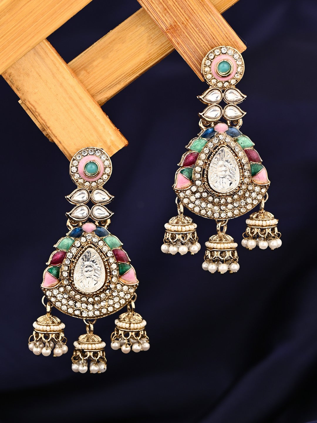 Kundan Chandbali Earrings with Jhumka Drops