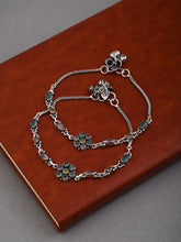 Silver Oxidised Multi-Color Floral Brass Anklet