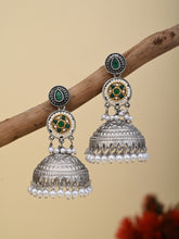 Silver plated long Jhumka - Green