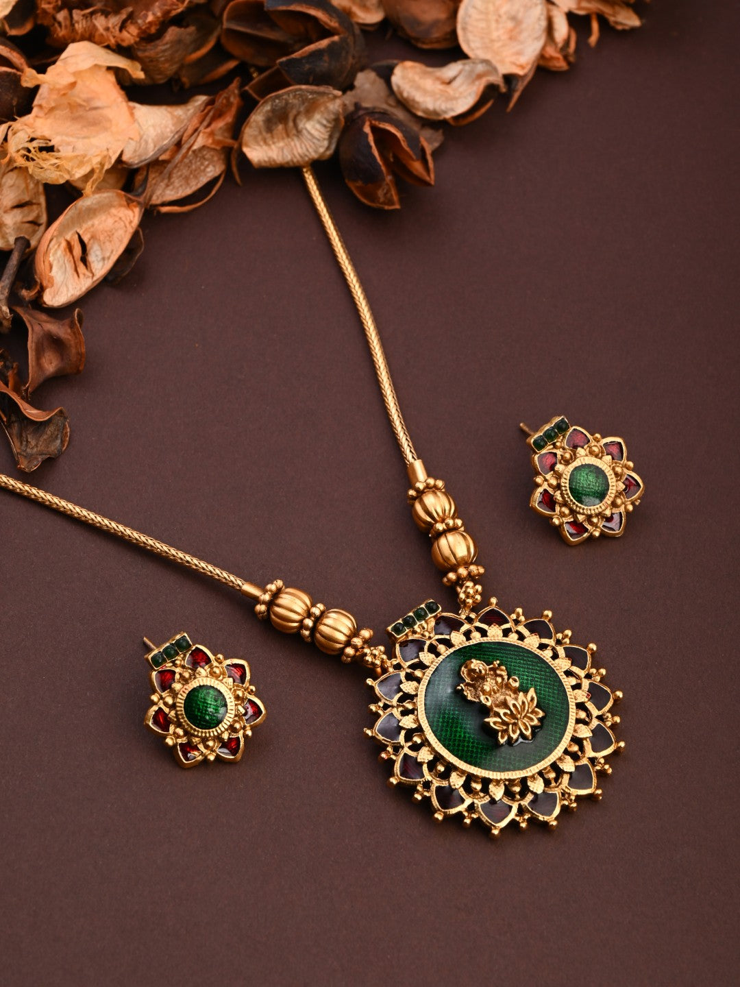 Antique Gold Goddess Motif Temple Necklace Set Green