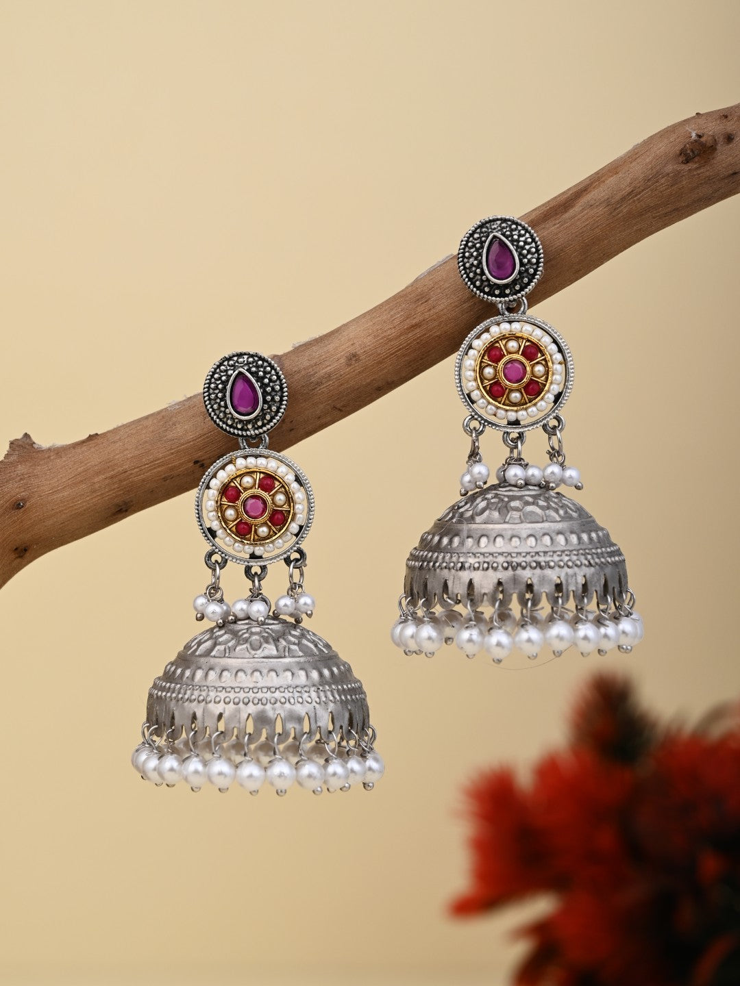 Silver plated long Jhumka - Red