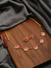 Gold Plated Delicate Lotus Necklace Set - Red