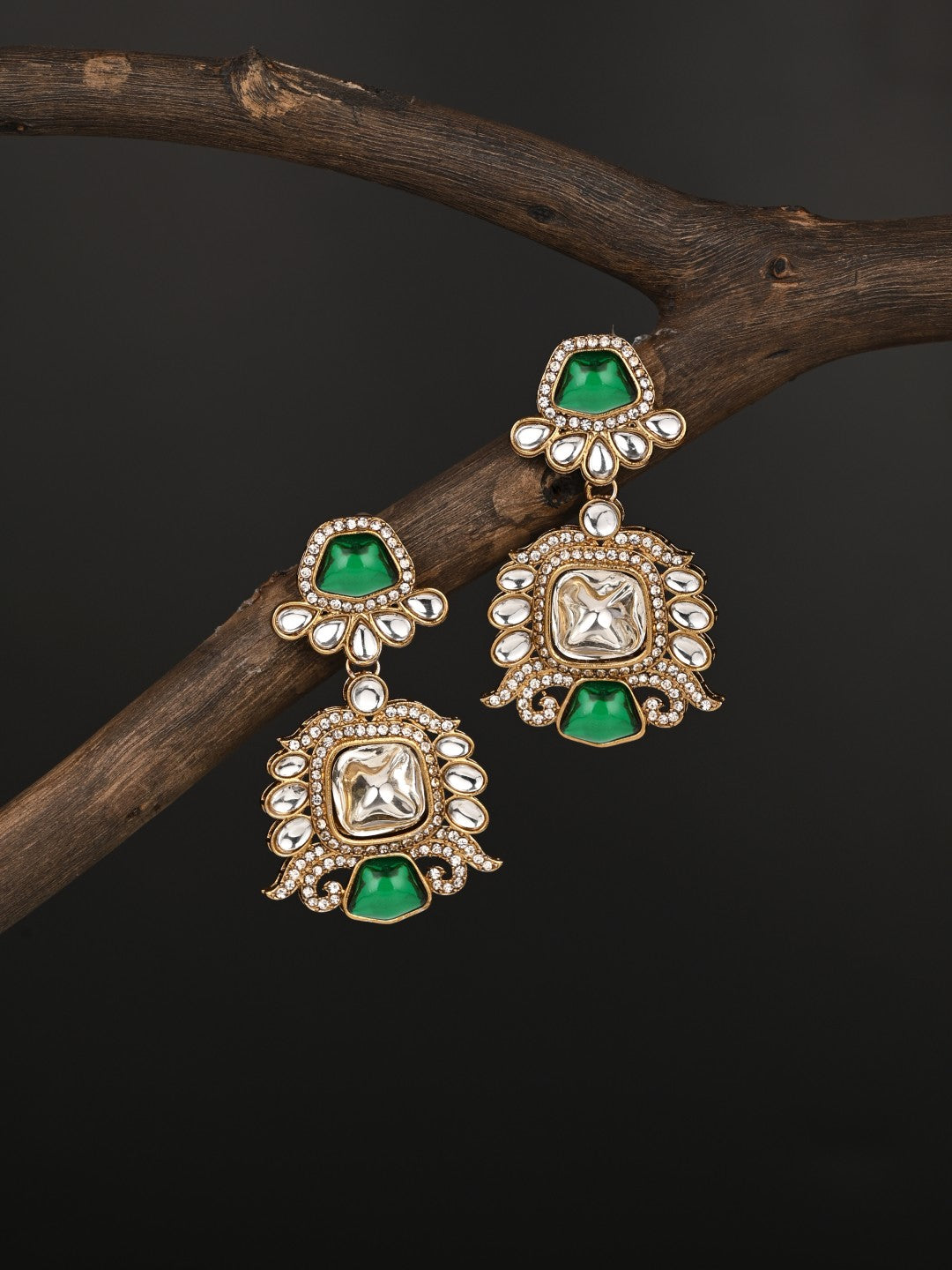 Gold plated kundan Drop Earrings Green