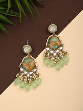 Gold plated two tone Geometric stone drop earring - Sage green