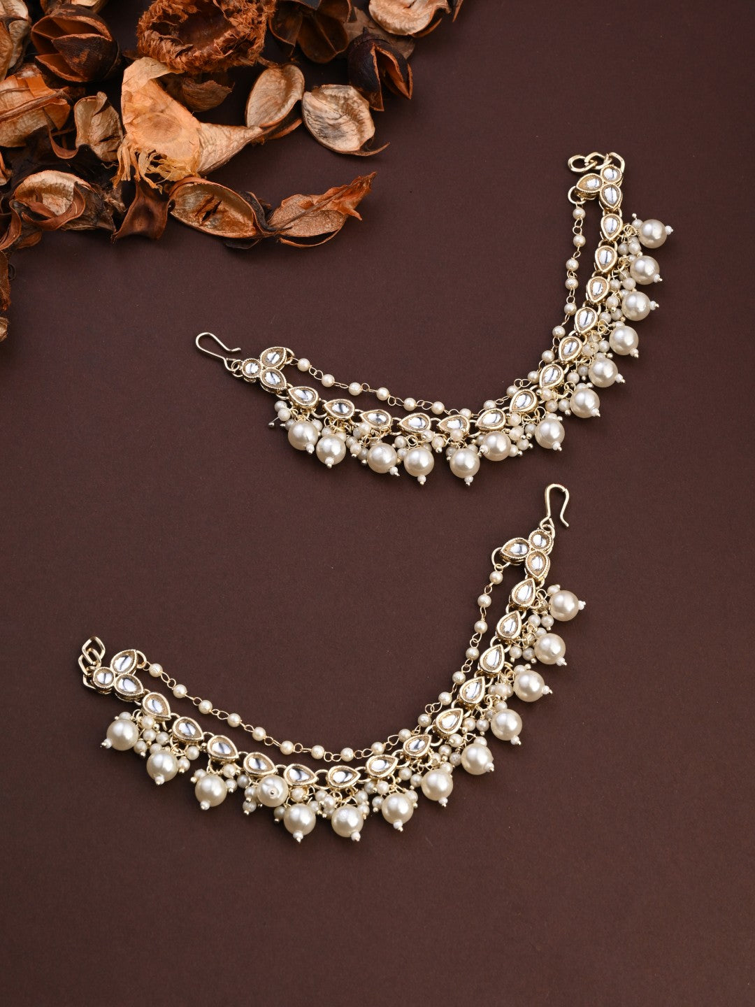 Elegant Gold-Plated Kundan & Pearl Ear Chains