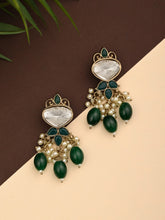 Gold plated Kundan & Pearl drop Earrings- Green