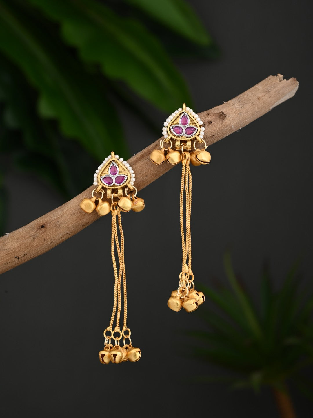 Gold-Plated Temple Bell Earrings- Red