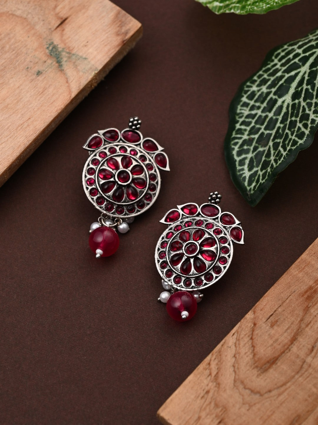 Stones Studded Circular Studs- Pink