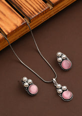 Silver Oxidised finish Pearl & Stone pendant Set Pink