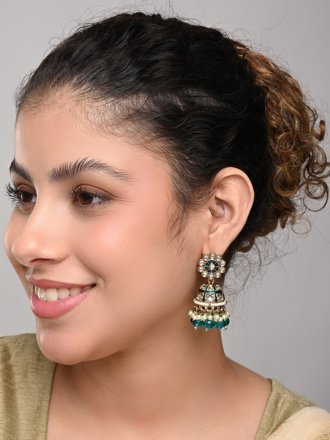 Gold plated kundan & Blue Meenakari Jhumka Earring
