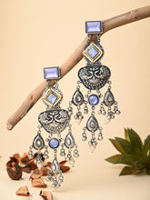 Silver oxydised lightweight long Drop Earring with Blue Stone