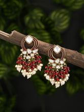 Gold-Plated Meenakari Stud Earrings with Kundan & Pearl Cluster drops - Red