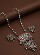 Silver Oxydised finish Pendant necklace set with colourful Meenakari
